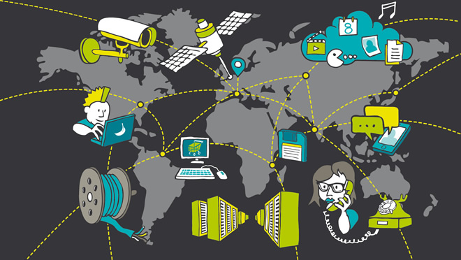Im Hintergrund eine Weltkarte, im Vordergrund viele Geräte aus verschiedenen Netztechnologien © SDTB / Grafik: polygraphdesign.com